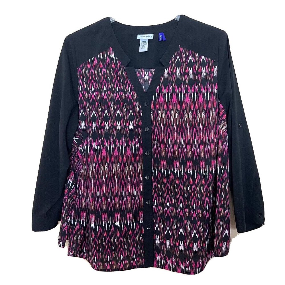 Catherines Geometric Top Shirt Blouse 2XWP 22-24WP Button Front V-neck Stretch